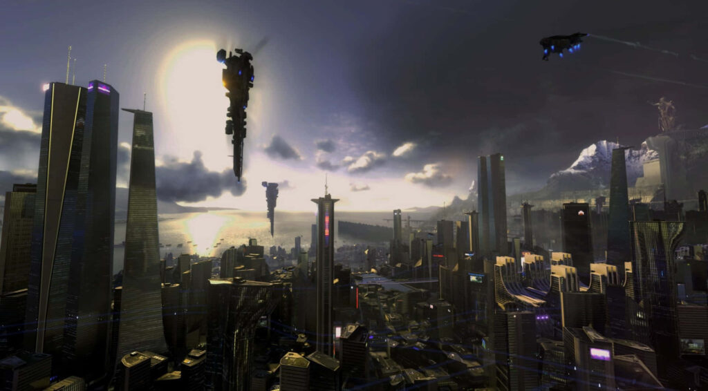 Futuristic Cityscape Wallpaper: Skyscrapers & High-Tech Vehicles