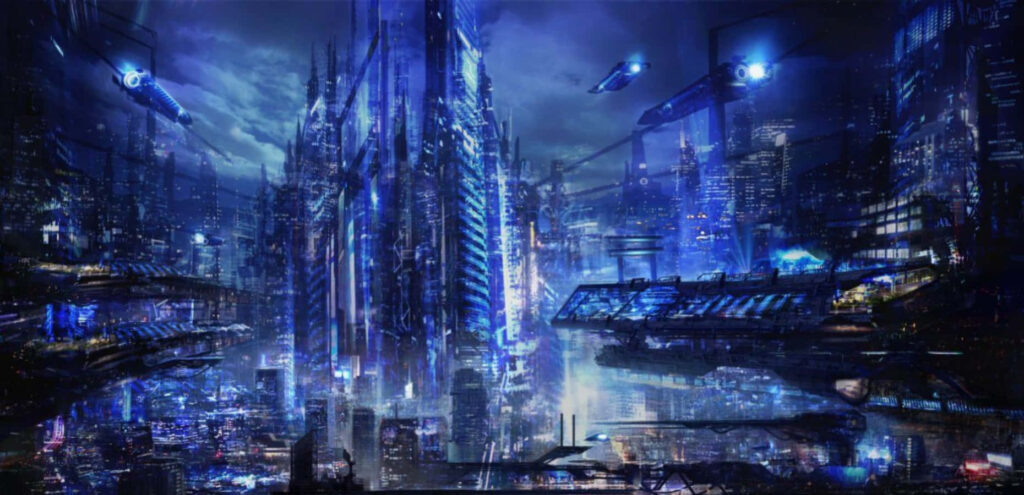 Futuristic Cityscape Wallpaper: Illuminated Skyscrapers & Flying Vehicles