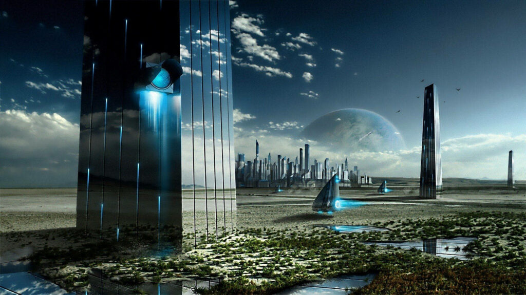 Futuristic Cityscape Wallpaper: Sleek Buildings & Serene Landscape