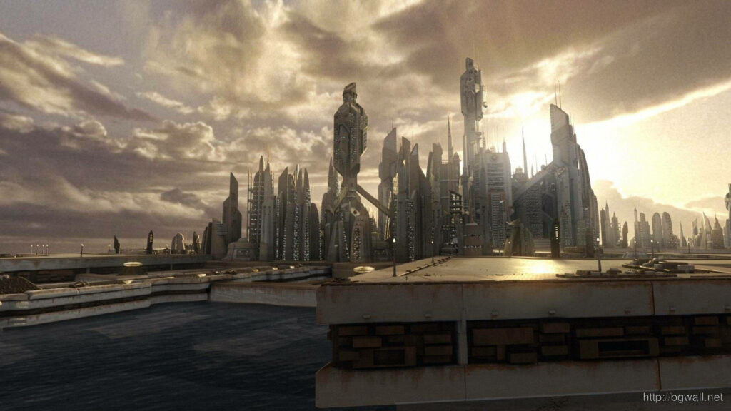 Futuristic Cityscape Wallpaper: Sleek Buildings & Dramatic Sky