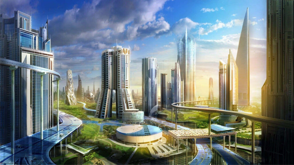 Futuristic Cityscape Wallpaper: Sleek Skyscrapers & High-Tech Design