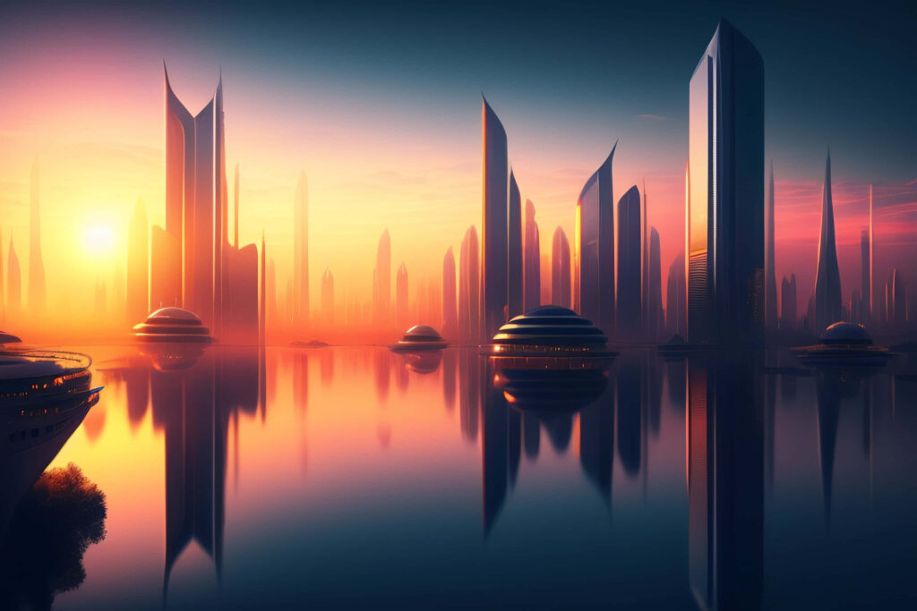 Futuristic Cityscape Wallpaper: Towering Skyscrapers & Sunset Reflections