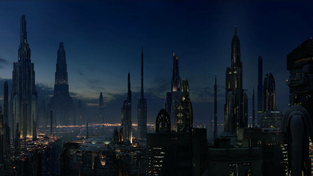 Futuristic Cityscape Wallpaper: Illuminated Evening Skyline Background