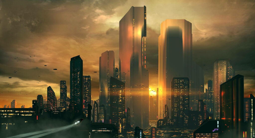 Stunning Futuristic Cityscape Wallpaper with Sunset Reflection