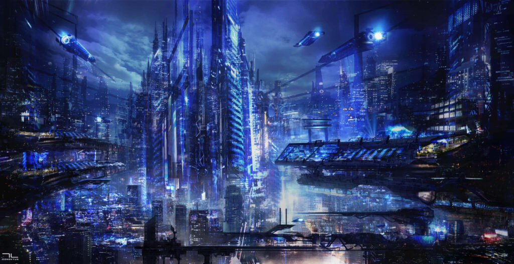 Futuristic Cityscape Wallpaper: Vibrant Blue Lights & Skyscrapers