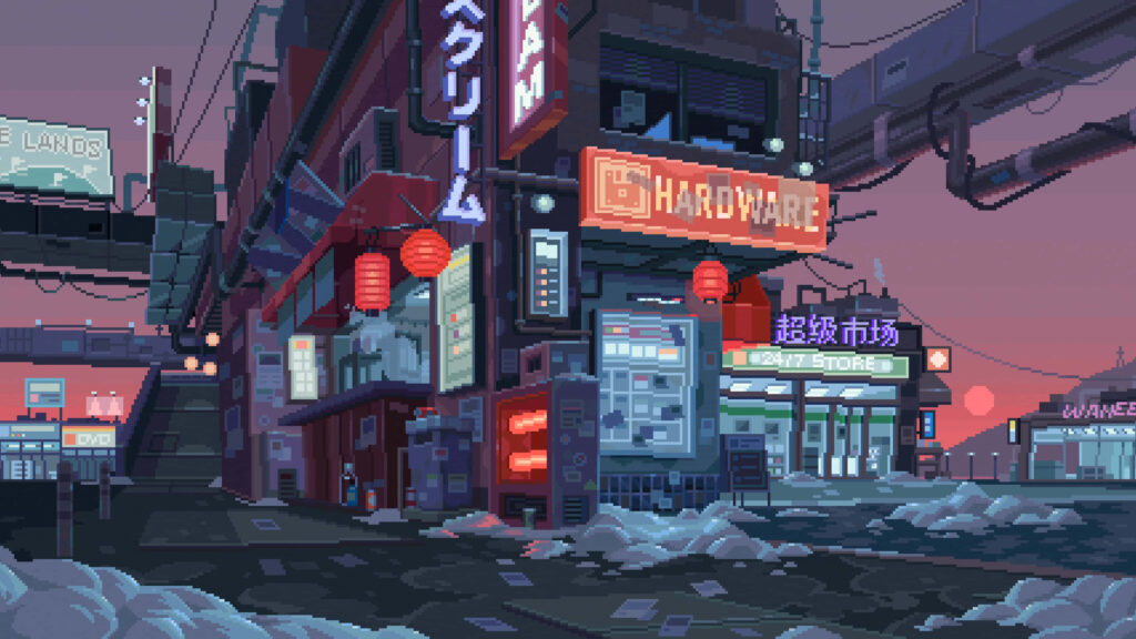 Futuristic Urban Cityscape Wallpaper: Neon & Retro Pixel Art Design