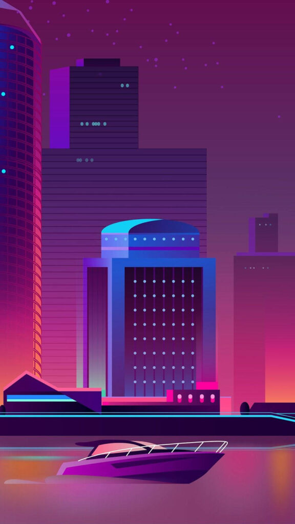 Futuristic Cityscape Wallpaper: Vibrant LED Lights & Modern Boat