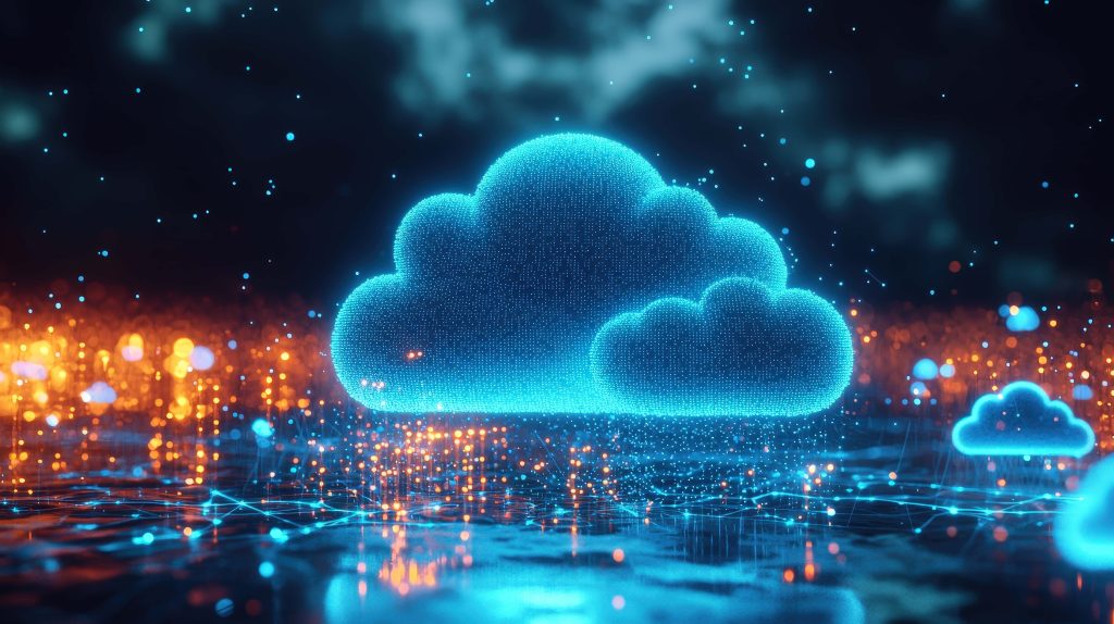 Futuristic glowing blue cloud icon over dark data network with warm orange bokeh background Wallpaper