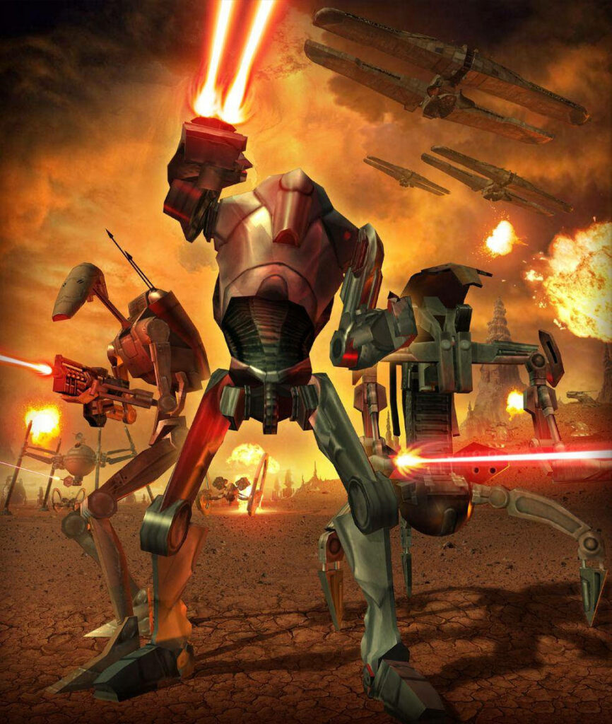 Futuristic Battle Droids in Intense Combat - Dynamic Wallpaper Background