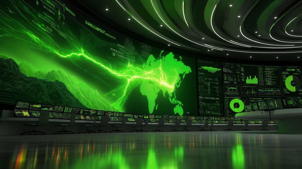 Futuristic command hub with glowing green world map and data streams high-tech cyber control room Wallpaper