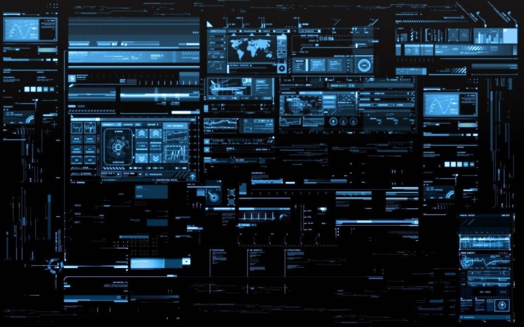 Futuristic computer interface wallpaper with glowing blue HUD data streams on dark sleek background