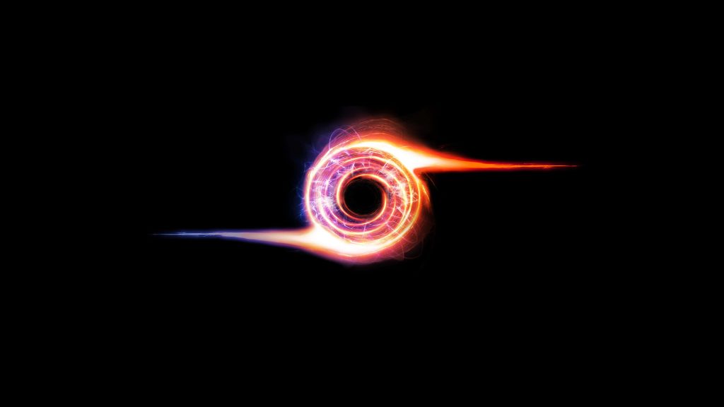 Abstract digital wallpaper black background with red blue swirling glowing cosmic vortex portal