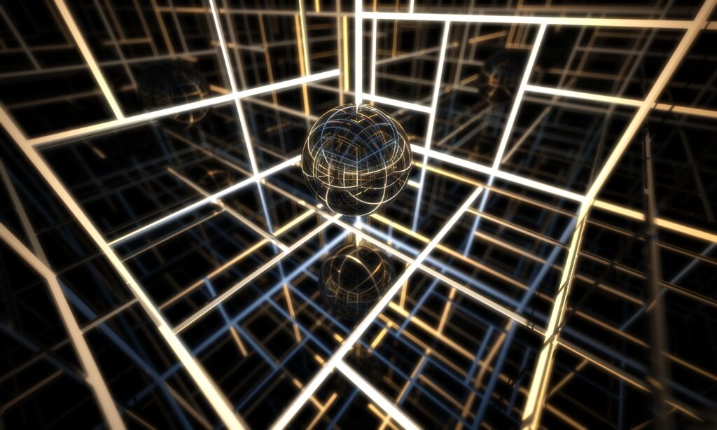 Futuristic Cosmic Wallpaper: Glowing Sphere in Intricate Grid
