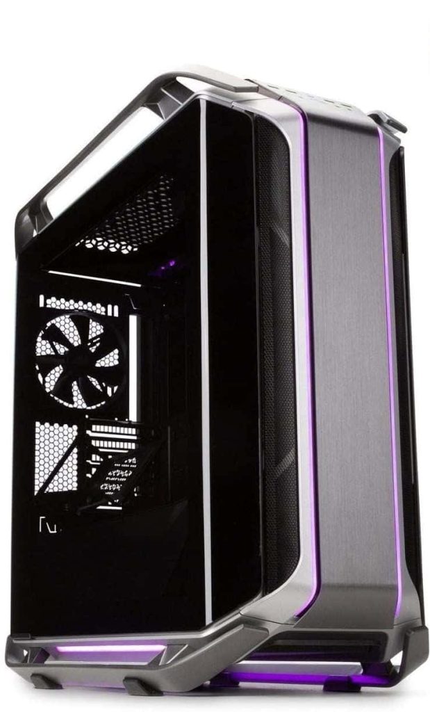 Futuristic Cougar Conquer 2 gaming PC case with purple RGB lighting and metallic black panels wallpaper