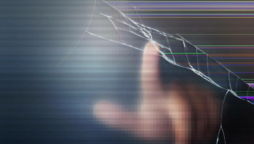 Futuristic Black Mirror Wallpaper: Finger on Cracked Glass with Distortion