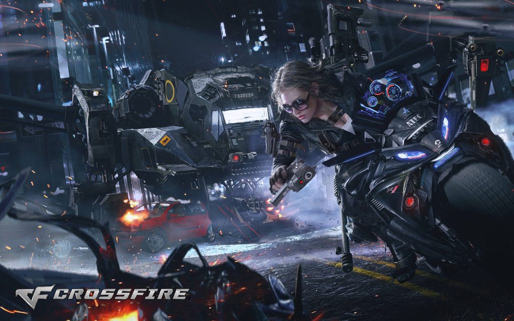 Female operative on futuristic motorcycle in fiery urban battlefield Crossfire action wallpaper