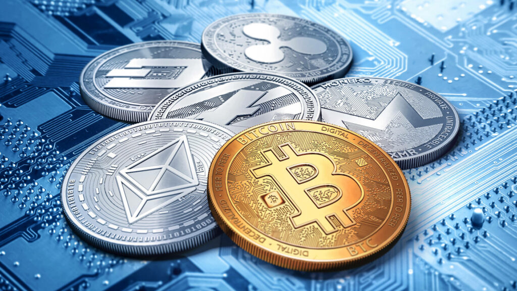 Close-up of Ethereum Bitcoin and other crypto coins on blue motherboard showcasing blockchain tech Wallpaper