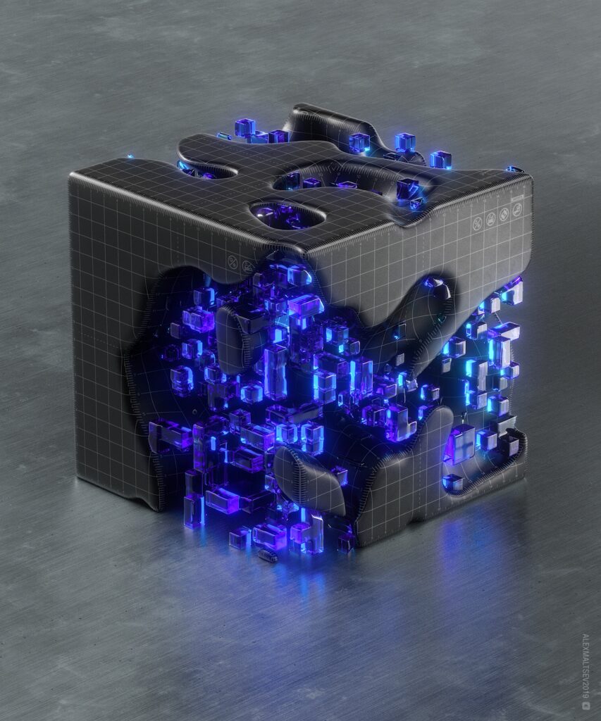 Futuristic Cube Wallpaper: Glowing Fragments & Metallic Texture Design