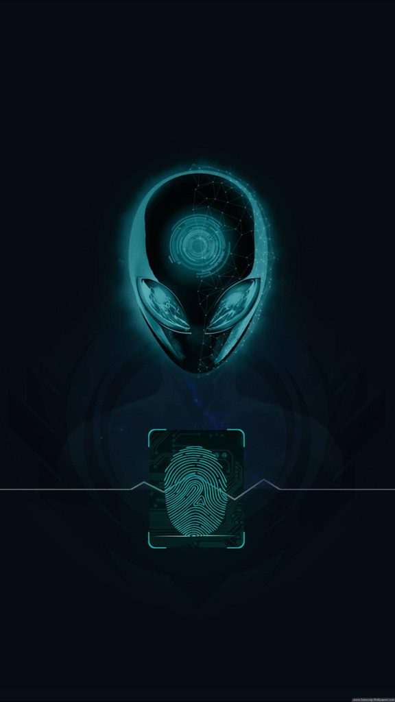 Futuristic digital wallpaper of glowing cyan alien head above biometric fingerprint scanner neon blue accents