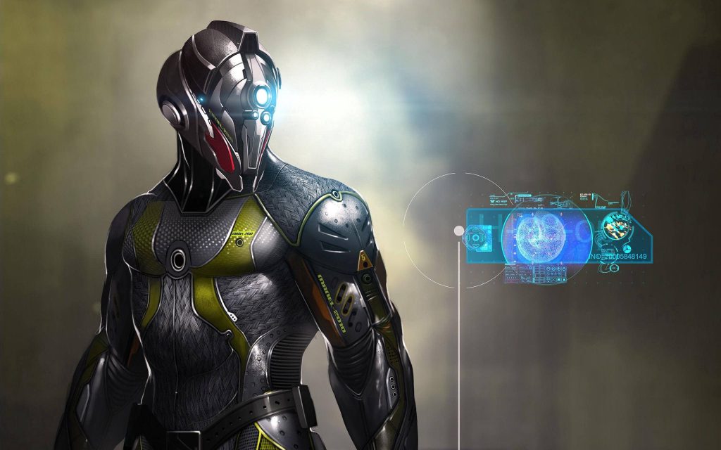 Futuristic cyber robot wallpaper with sleek yellow metal armor and glowing blue sensor design