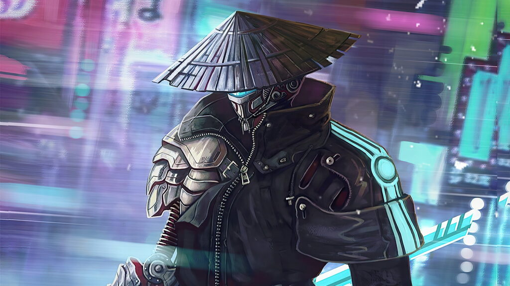 The Futuristic Samurai Warrior: A High-Definition Cyberpunk Sci-Fi Wallpaper