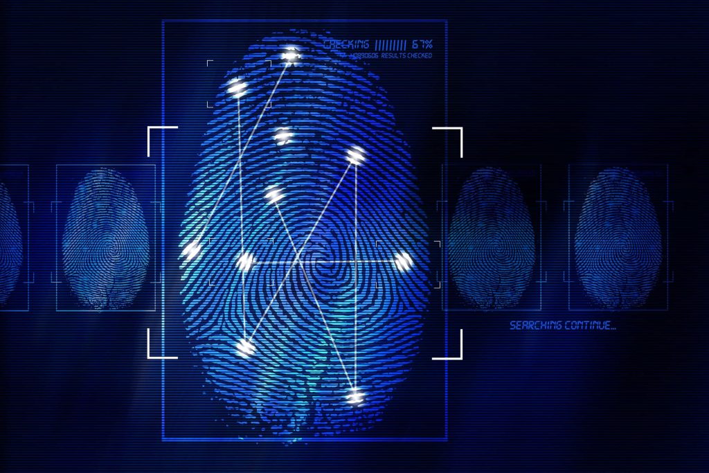 Glowing fingerprint with biometric nodes and electric blue data lines futuristic cyber security HUD design Wallpaper