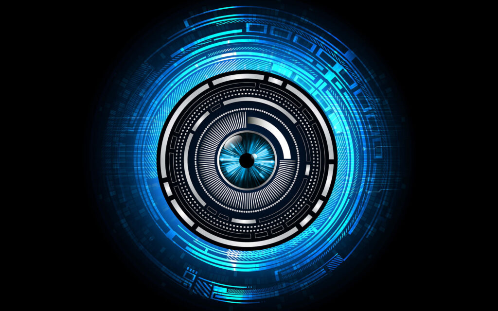 Futuristic Wallpaper with Glowing Cybernetic Blue Eye & Neon Patterns