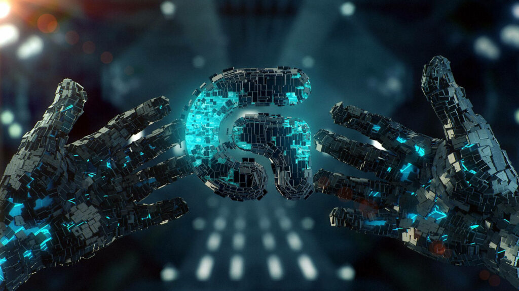 Futuristic cybernetic hands reaching glowing Logitech G logo on high-tech digital background wallpaper