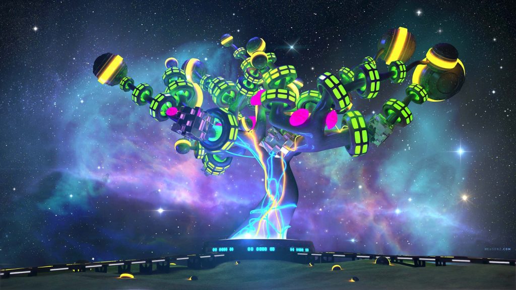 Futuristic digital art wallpaper of a glowing cybernetic tree with neon rings in space nebula