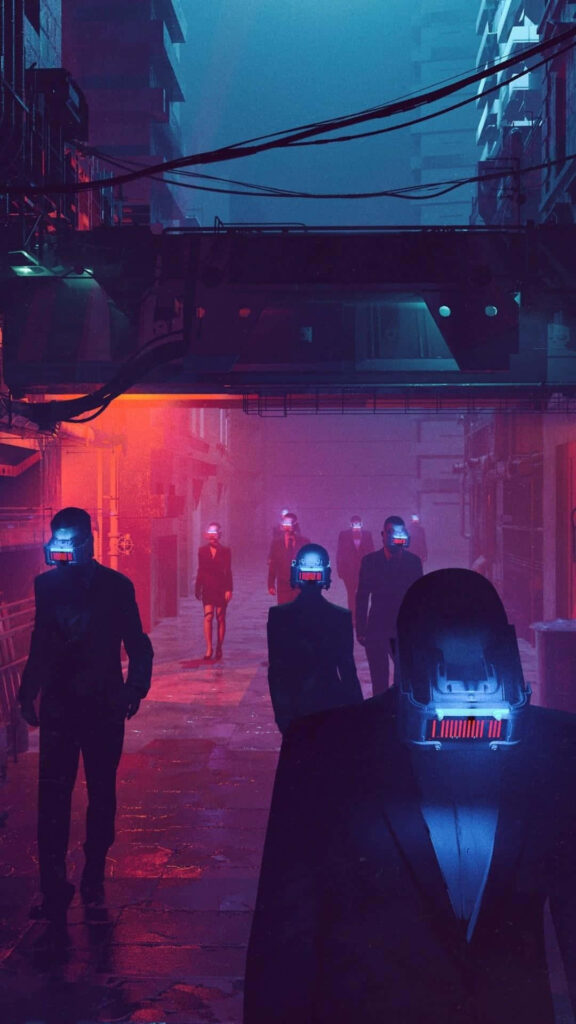 Futuristic Cyberpunk Alleyway: Neon Lights & Dark Suits at Night Wallpaper