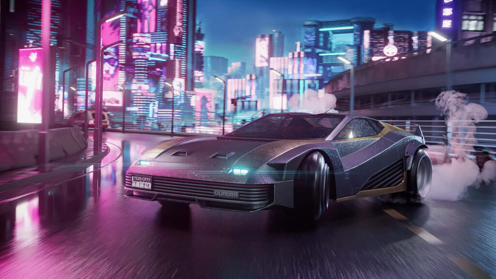 Futuristic car speeding on neon-lit city street with vibrant cyberpunk skyscrapers and billboards Wallpaper