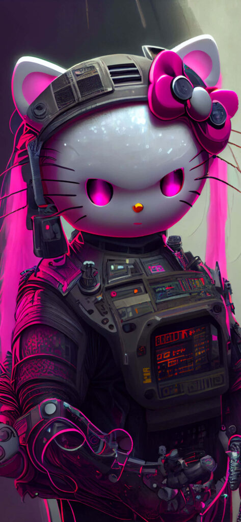 Cyberpunk Hello Kitty Wallpaper: Futuristic Character in Neon Armor