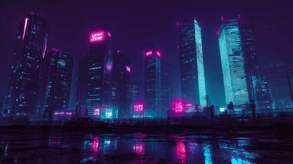 Futuristic cyberpunk cityscape with neon pink and cyan lights on rainy reflective streets Wallpaper