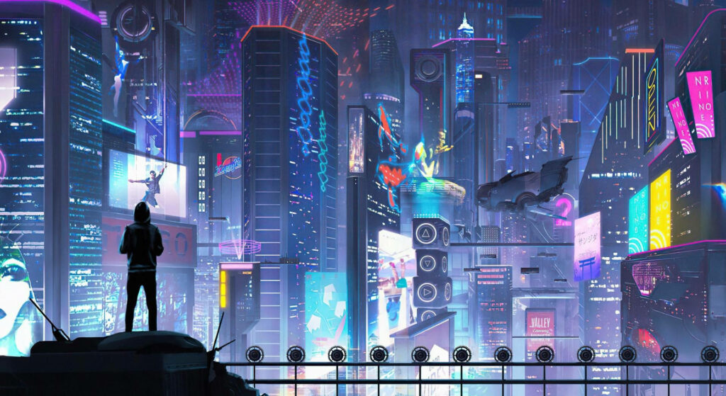 Cyberpunk Rooftop View: Man Gazes at Neon Cityscape Wallpaper