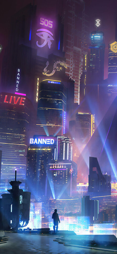 Futuristic Cyberpunk Cityscape: Neon Rooftop Wallpaper Background