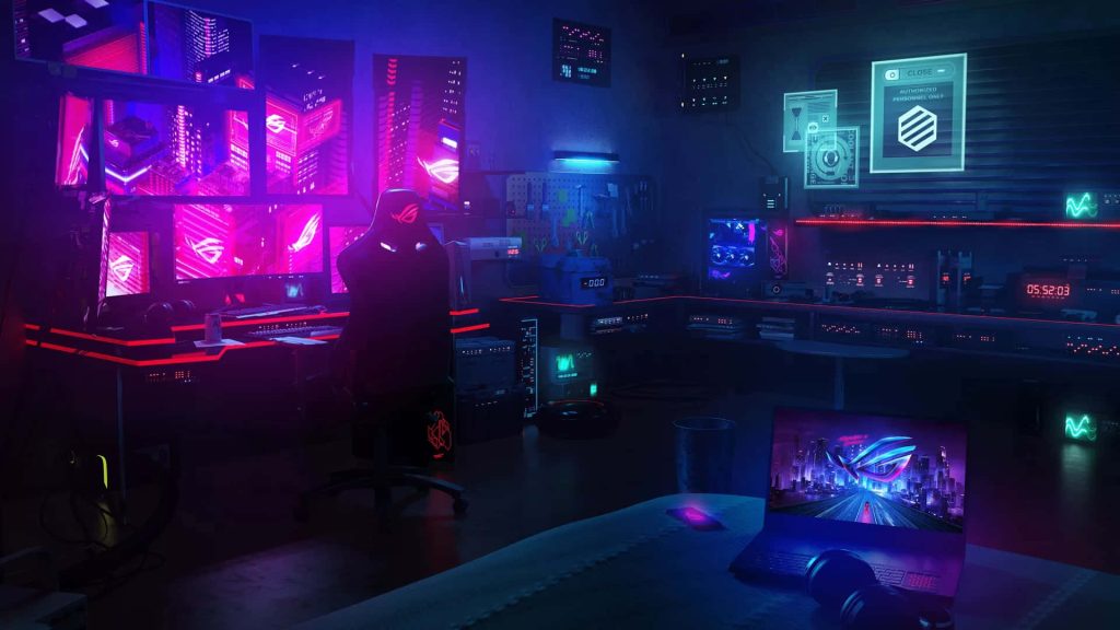 Futuristic ASUS ROG gaming room with neon purple blue lighting and immersive multi-monitor setup Wallpaper