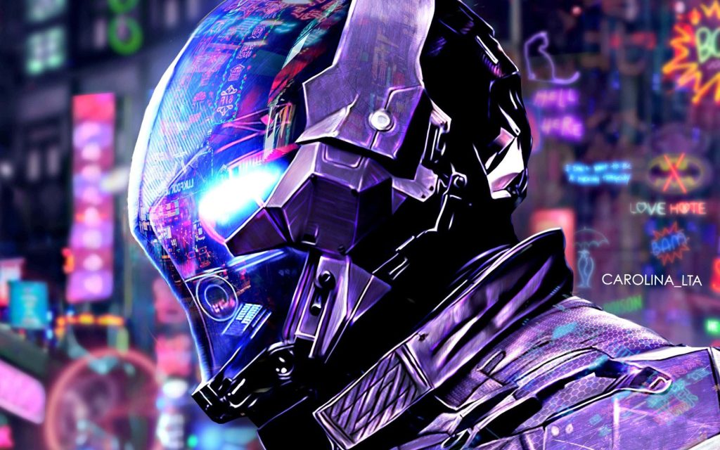 Futuristic gamer with metallic helmet and neon cyberpunk city reflection high definition wallpaper