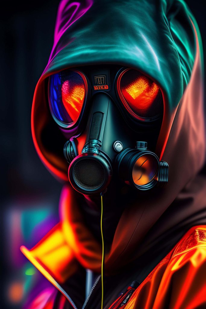 Futuristic hooded figure wearing neon lit cyberpunk gas mask with glowing reflective lenses wallpaper
