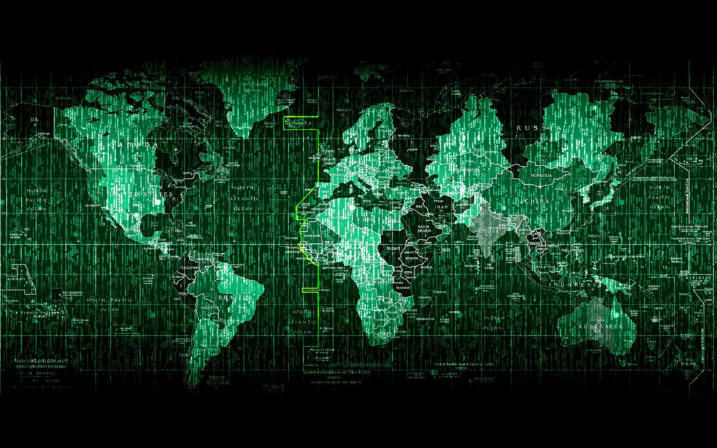 Futuristic green world map cyberpunk wallpaper with digital grids and hacker code patterns