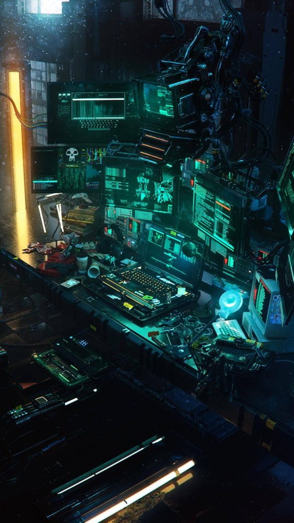 Futuristic cyberpunk hacking workstation with glowing cyan monitors and robotic tech wallpaper