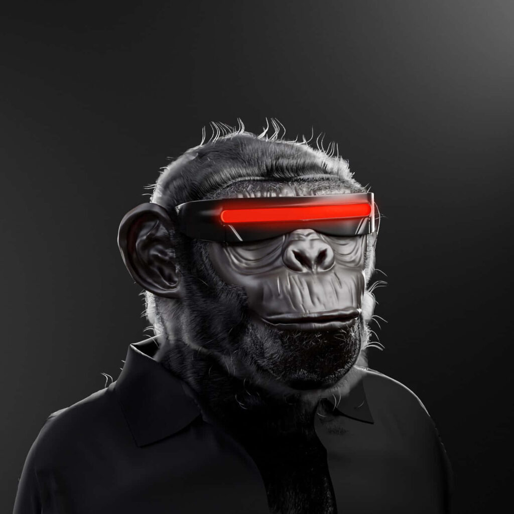 Futuristic cyberpunk monkey with red visor and black shirt on dark sleek NFT wallpaper background