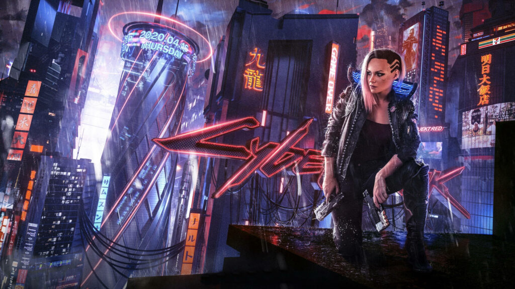 Gun-Wielding Heroine amidst a Dystopian Cyber Cityscape Wallpaper