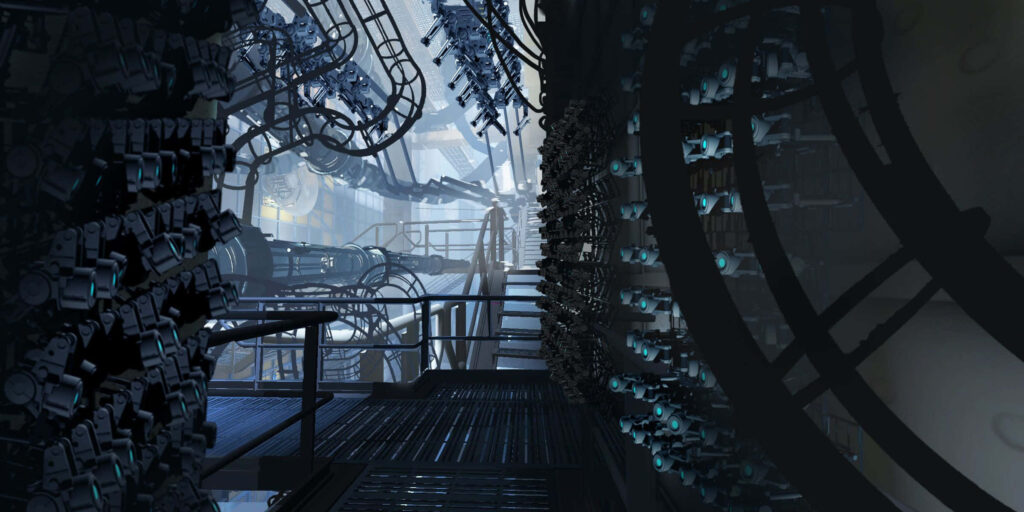 Futuristic Cyberpunk Wallpaper: Intricate Machinery & Dim Lighting
