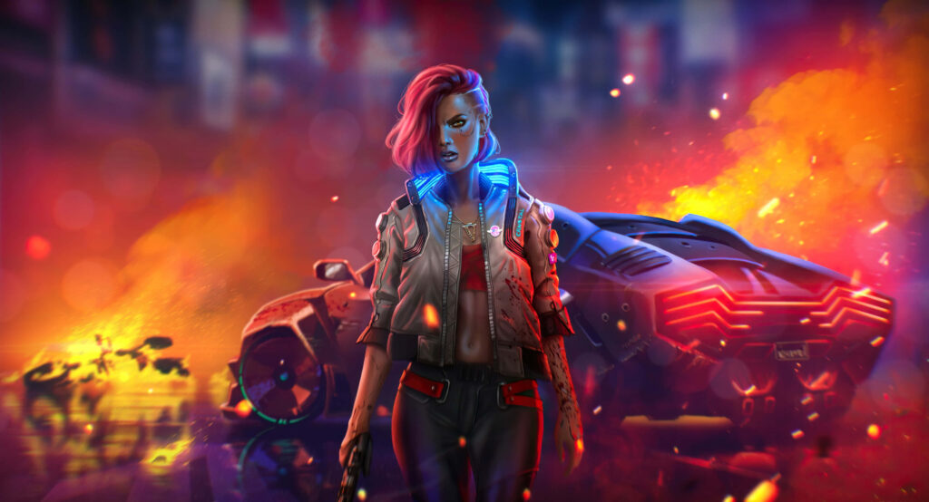 Vibrant Cyberpunk Wallpaper: Neon Hair & Futuristic City Chaos