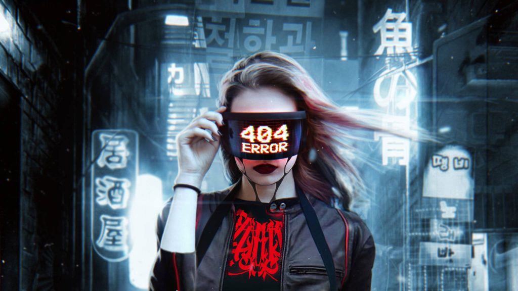 Cyberpunk woman with 404 error visor in neon-lit urban alley futuristic digital art wallpaper
