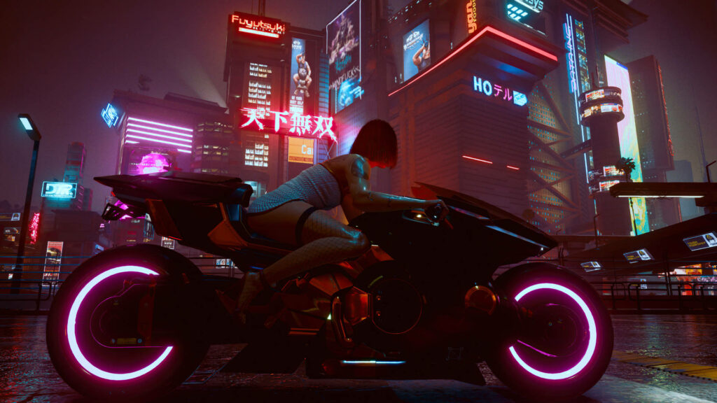 Futuristic Woman on Motorcycle: Vibrant Cyberpunk Wallpaper