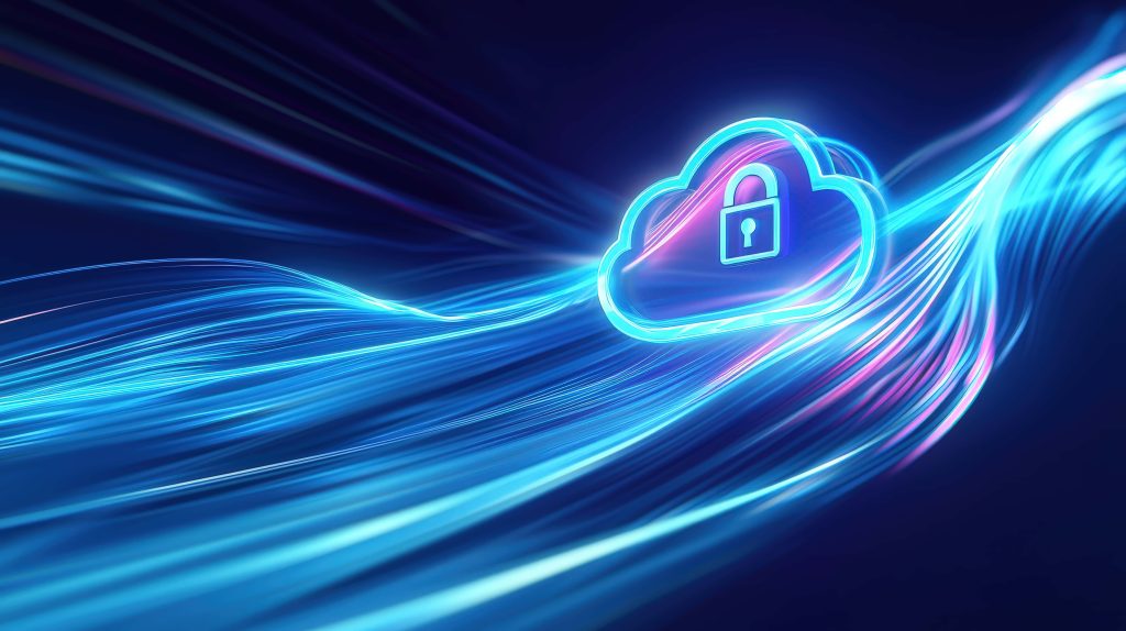 Neon cloud with padlock over digital light streams cybersecurity wallpaper background blue