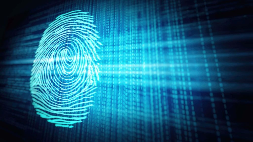 Futuristic digital fingerprint on dark blue binary code background high tech cybersecurity wallpaper