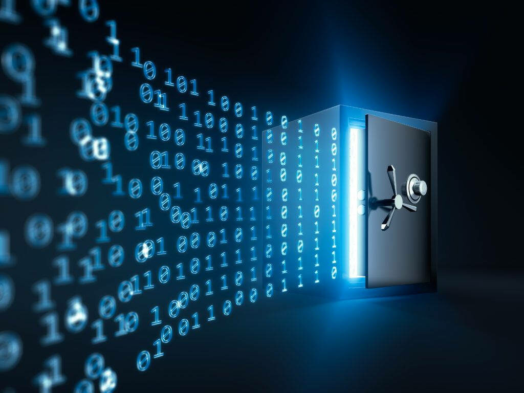 Futuristic Data Vault Wallpaper: Cybersecurity & Glowing Binary Code