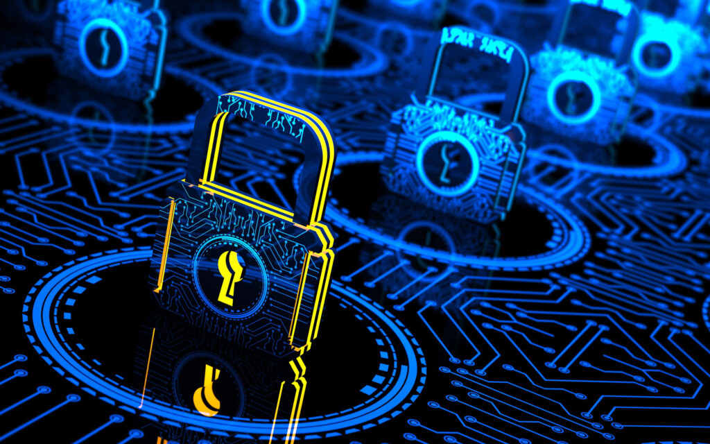 Futuristic Cybersecurity Wallpaper: Illuminated Lock Icons on Blue Circuit